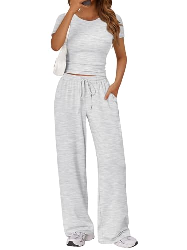 Trendy Queen 2 Piece Matching Summer Sweatsuit Lounge Set Womens Side Ruching Top Wide Leg Pants Sets with Pockets