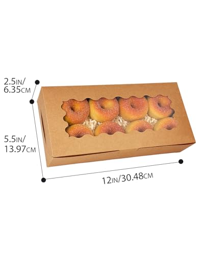 qiqee 12x5.5x2.5 Inch Brown Cookie Box with Window 15Pcs Pastry Macaron Bakery Box For Packaging