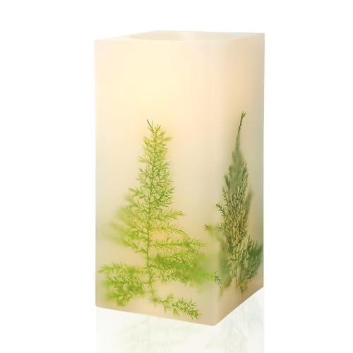 Holitown LED Flickering Flameless Real Wax Ivory Square Pillar Candle Artificial Asparagus Fern Battery Operated with Time...