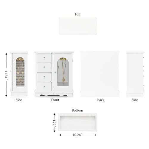 ZGZD White Jewelry Box for Girls Wooden Makeup and Accessories Organizer Ring Storage with 4 Drawers and Swing Door