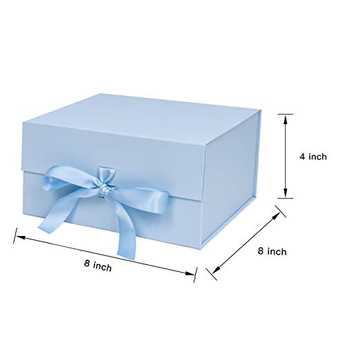 WRAPAHOLIC 2Pcs Blue Gift Box with Satin Ribbon, 8x8x4 Inches Collapsible Gift Box with Magnetic Closure for Party, Weddin...