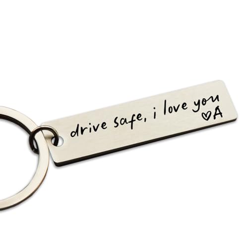 HubbgDesign Key Chain Drive Safe I Love You Engraved Initial Personalized Gift for Husband Boyfriend