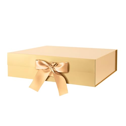 GREEN BEAN Large Gift Box with Lid for Present 13x9.7x3.4 Inches, Gold Magnetic Luxury Gift Box with Ribbon, Christmas Bri...