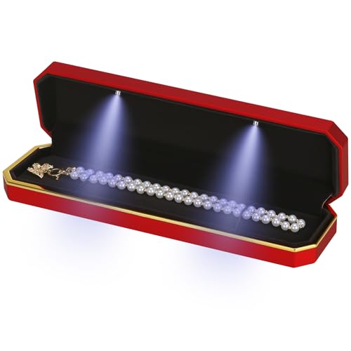 Luxury LED Necklace Long Chain Gift Box with LED Light, Velvet Jewelry Box Storage Case Organizer Holder (Red)