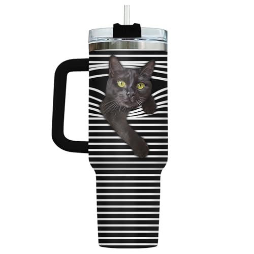 34HD Cute Black Cat Tumbler 40oz with Handle and Straw, Striped Peeking Cat Stainless Steel Vacuum Insulated Travel Coffee...