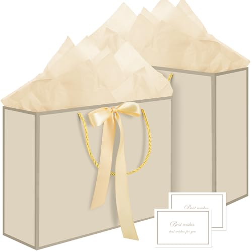 woric 2 Pcs Gift Bags with Handles, 14" Medium Gift Bag with 4 Tissue Paper & 2 Cards Gold Bag for Bridal Shower Wedding M...