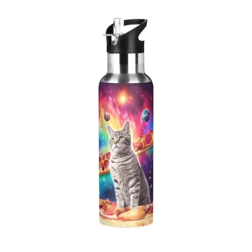 Cat Pizza Planets Space Water Bottle with Straw Lid Kids Insulated Stainless Steel Water Flask Sports, 20 Oz Hot Cold