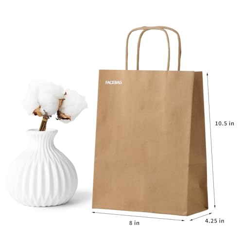 FACEBAG 50-Pack Brown Paper Bags with Handles Bulk, 8x4.25x10.5 Inches,Medium-sized Gift Bags with Handles for Party Favor...