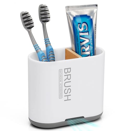 Toothbrush and Toothpaste Holder with Bamboo Divider for Bathroom Countertop Organizer, Detachable for Easy Clean, 2 Slots...