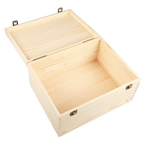 Frcctre Extral Large Unfinished Wooden Box, 13 x 10 x 6.5 inch Natural Unfinished Pine Wood Box with Hinged Lid and Front ...