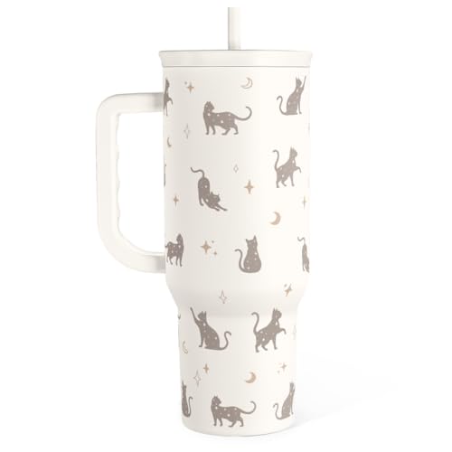 Gift for Cat Lovers Cat Mom – 40oz Stainless Steel Tumbler with Handle and Straw - Travel Coffee Mug for Women, Gift for B...