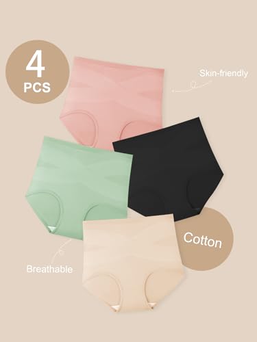 QUASTI Women's High Waisted Underwear Slightly Tummy Control Cotton Panties Full Coverage Postpartum Briefs 4 Pack