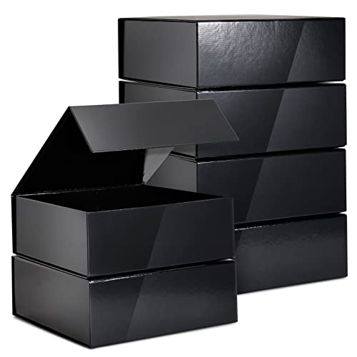 Stockroom Plus Gift Boxes with Lids - 9.5 x 9.5 x 3.5 In, 6-Pack Glossy Black Square - Magnetic Closure & Reusable Decorat...