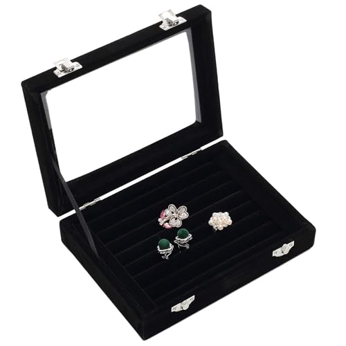 EONGOA Jewelry Box Rings Organizer Tray 7 Slots Velvet Jewelry Earring Storage Box With Transparent Lid Jewelry Display Ca...