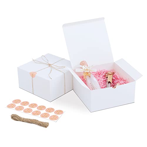 YUEFANBOX 12 Pack White Gift Boxes, 8x8x4in, with Lids, 80ft Twine, Stickers & Tape, Easy Assemble for Bridesmaid Proposa...