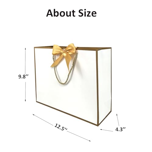 TKSBAG 12PCS Gift Bags Medium Size with Handles, 12.5 x 9.8 x 4.3 In White Gold Thank You Bags with Bow Ribbon for Weddin...