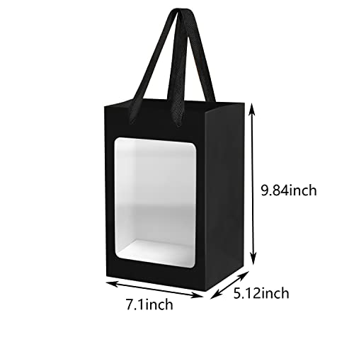 BallHull 12 Pcs Black Kraft Paper Gift Bags with Transparent Window, 9.84"x7.0"x5.12" Kraft Shopping Bags with Handles for...