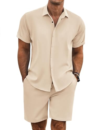COOFANDY Men's Summer Beach Outfits 2 Piece Short Sleeve Shirts and Shorts Vacation Texture Linen Sets for Men