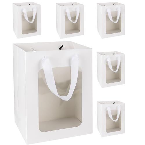 MOXARYSU 6 Pcs White Gift Bags with Clear Window: 9.8x5.1x7.1 Inch Small Medium Kraft Paper Bags with Handle For Party Bus...