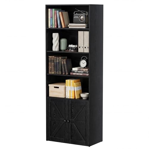 YESHOMY Farmhouse Bookshelf and Bookcase with Doors, Industrial Bookshelves and Bookcases Floor Standing Display 6-Tier Sh...