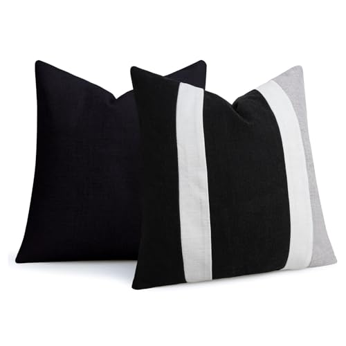 Adabana Modern Pillow Covers 18x18 Set of 2 Farmhouse Decor Patchwork Linen Cushion Covers for Living Room Couch Bed Black...
