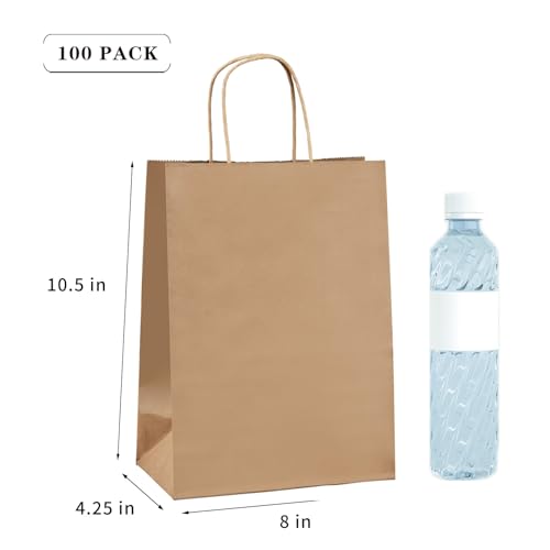 vanhel 100 Pack Brown Paper Bags with Handles,8x4.25x10.5 Inches,Gift Bags Medium Size,Gifts Bag Bulk for Festival,Birthda...