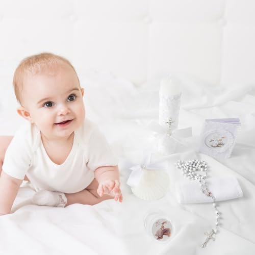 Baptism Candle Set for Boys Girls,5 PCS Baptism Kit Catholic Candle,Baptism Towel,Baptismal Shell,Rosary,Bible for Baby De...