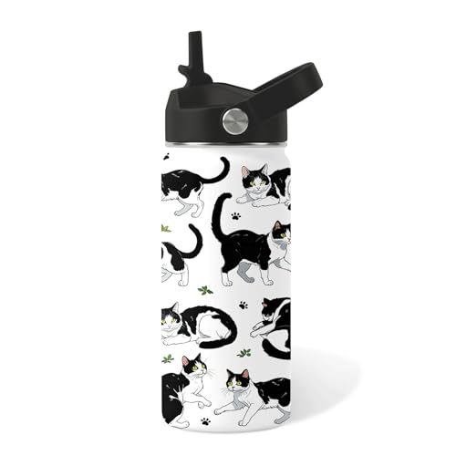 Cat Gifts for Kids - 16oz Black Cat Water Bottle with Straw Lid, Stainless Steel Insulated Bottle, Leak Proof, BPA-Free, f...