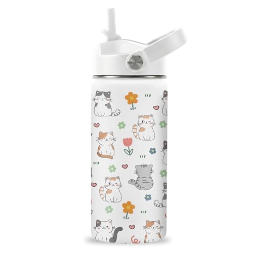 Cat Gifts for Kids, 16oz Cat Water Bottle with Straw Lid, Stainless Steel Insulated Tumbler for Girls, Cats Lovers Present...