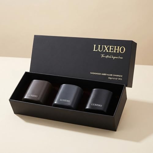 Luxury Scented Candle Set 3-Pack | Home Decor & Giftable Soy Candles | Champagne, Sandalwood & Amber | 75h Burn Time | Cot...