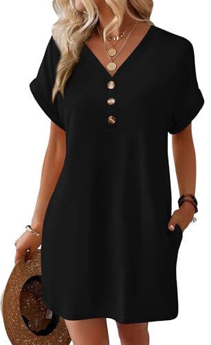 WIHOLL Summer Dresses for Women with Sleeves Midi Dress Button Down Beach Vacation Casual Dresses Fashion Clothing