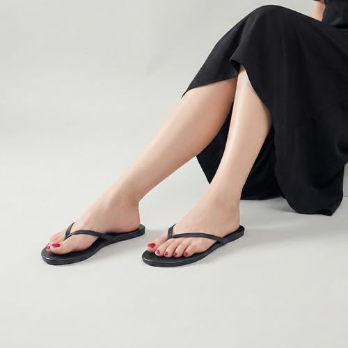 mazeskin Women's Memory Foam Comfortable Flat Thong Sandals Dressy Summer Beach Leather Slide Flip Flops