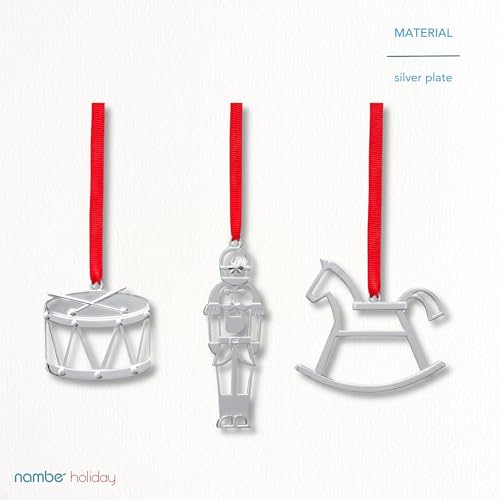 Nambe 2022 Miniature Ornament Set – Silver-Plated Rocking Horse, Nutcracker and Drum Christmas Ornaments, Holiday Tree Dec...