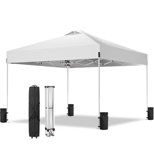 10x10ft Pop Up Canopy, Heavy Duty Beach Tent with Waterproof Silver Coated Top, 3 Heights & 4 Sandbags, Sun Shade with Rol...