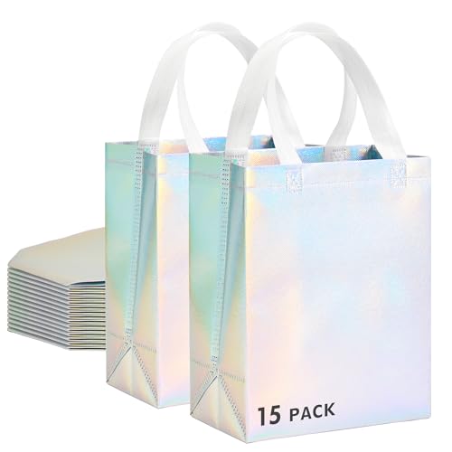 RACETOP 15 Pcs Iridescent Glossy Gift Bags Medium Size, 8x4x10 Inch Holographic Reusable Gift Bags with Handles, Ideal for...