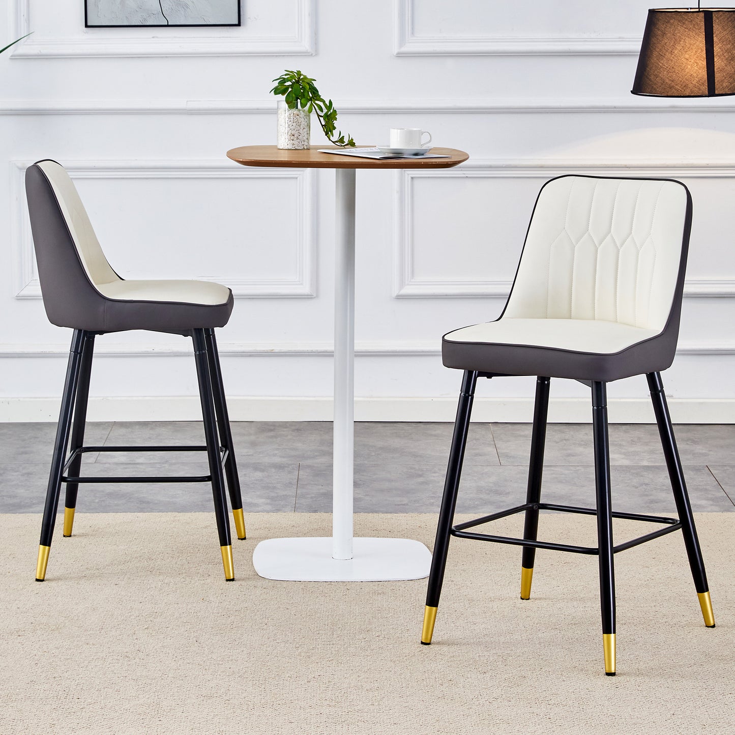 Set Of 2 Bar Stools, 100 Cm High, Made Of PU Leather In White Dark Grey Combination With Black Metal Frame And Comfortable Footrest. Available In Several Colours  The Ideal Choice For Your Home Bar.
