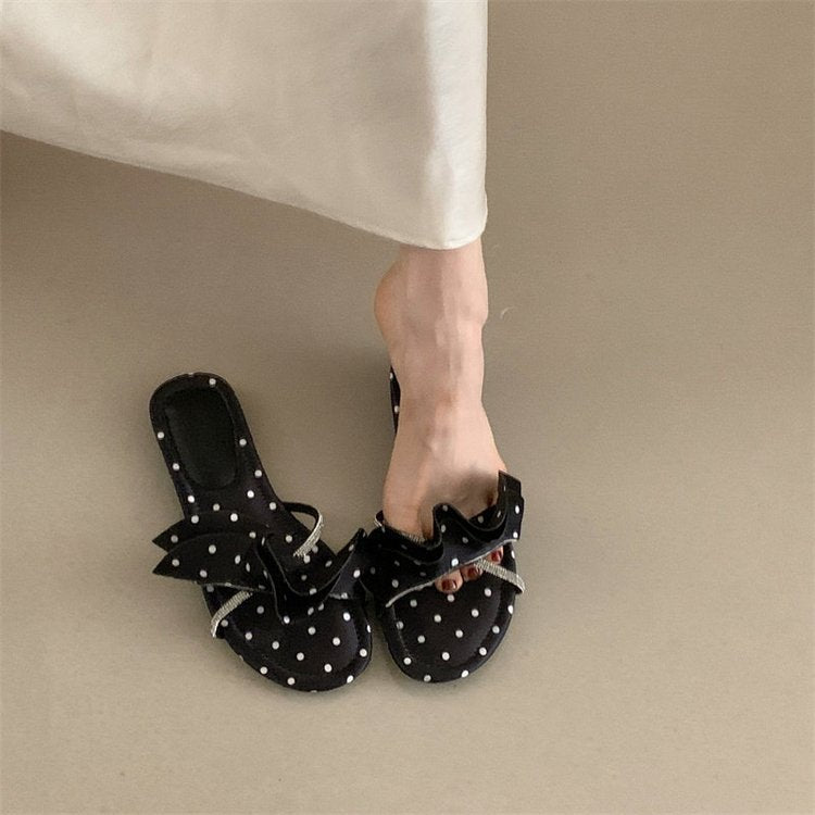 Wave Dot Straight Drag Women's Summer Outdoor Wear Flat Bottomed Rhinestone Thick Bottomed Beach Sandals Vacation Style