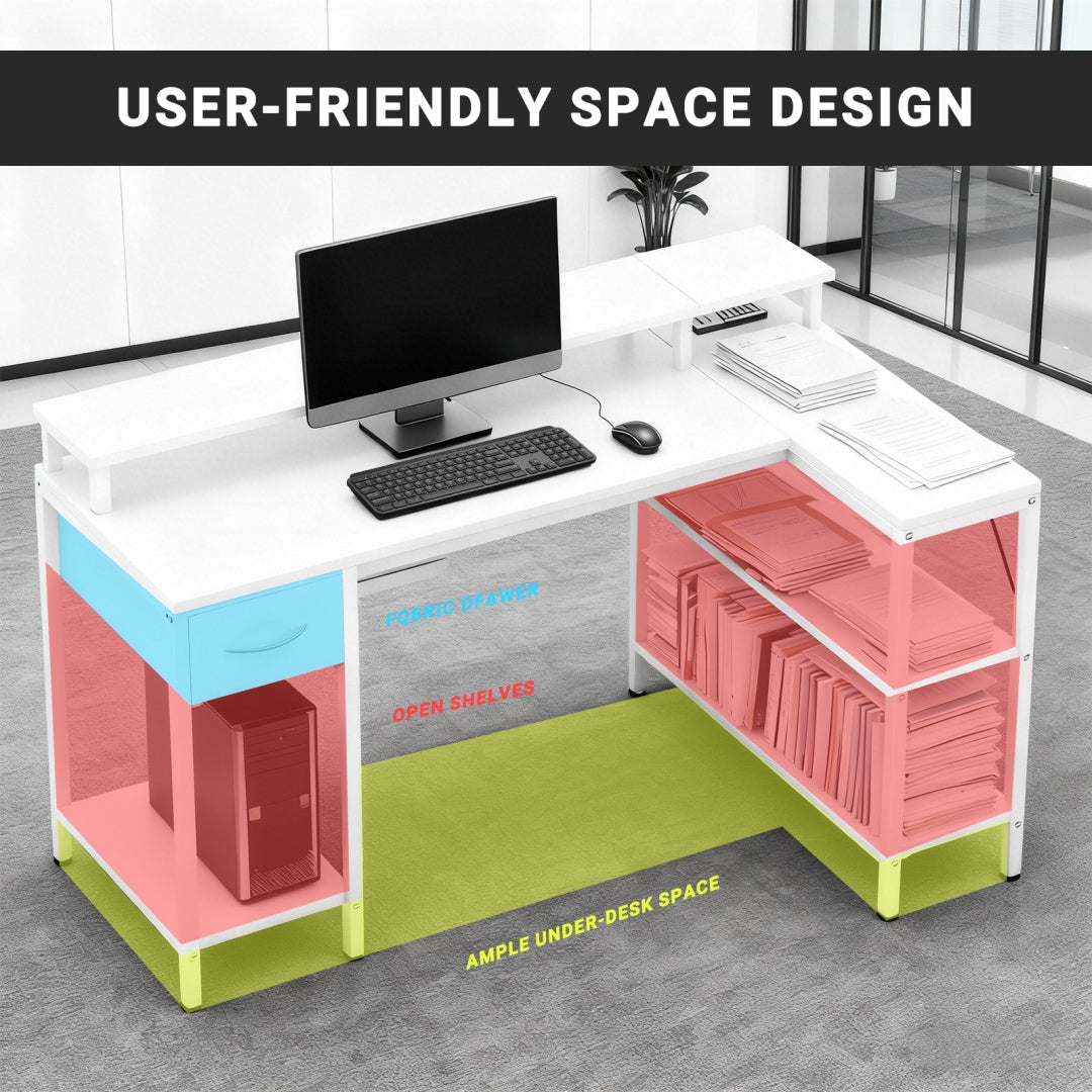 53-inch Gaming Table With USB Charging Port And LED Light, Reversible L-shaped Table With Power Socket And Monitor Stand
