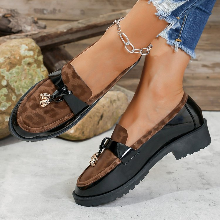 New 2025 Autumn Winter Korean Style Mid-Heel Retro Leopard Print Buckle Loafers, Lightweight Height-Increasing Non-Slip Casual Shoes