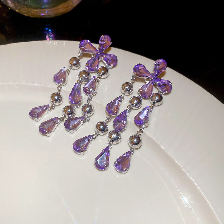 Korean Style Sweet Purple Rhinestone Crystal Flower Earrings For Women Luxury Elegant Versatile