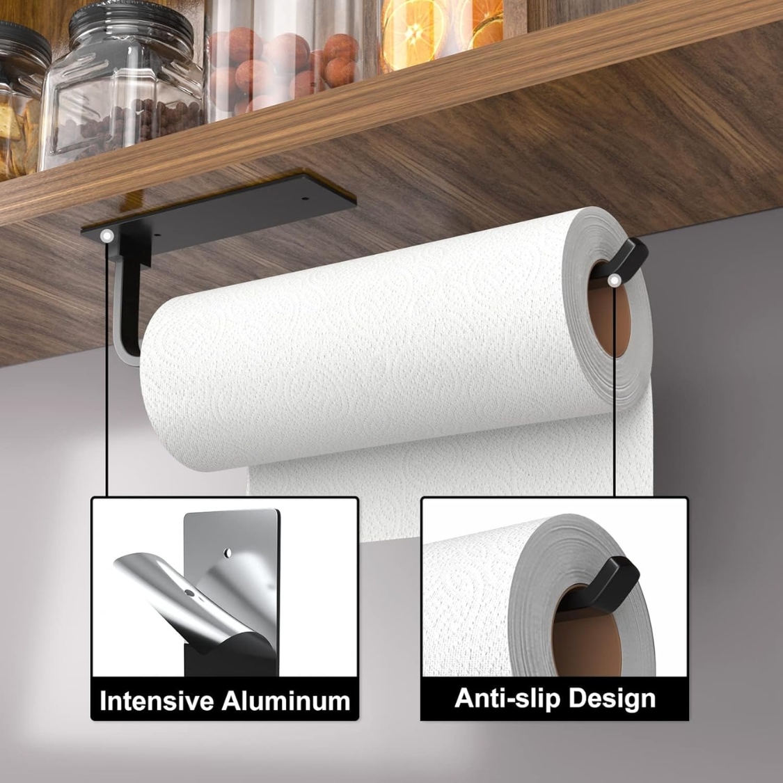 Paper Towel Holder Self Adhesive Or Drilling Matte Black Upgraded Aluminum Kitchen Roll Dispenser Under Cabinet Lighter But Stronger Than Stainless Steel