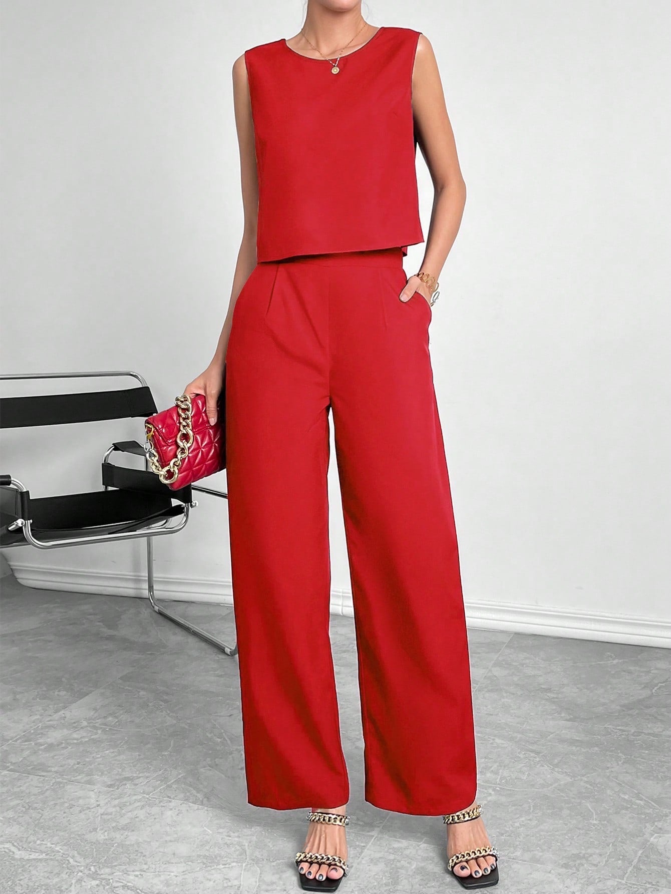 Women's Sleeveless Round Neck Crop Top & Wide Leg Pants Two Piece Set - Casual Solid Color Office Wear Outfit