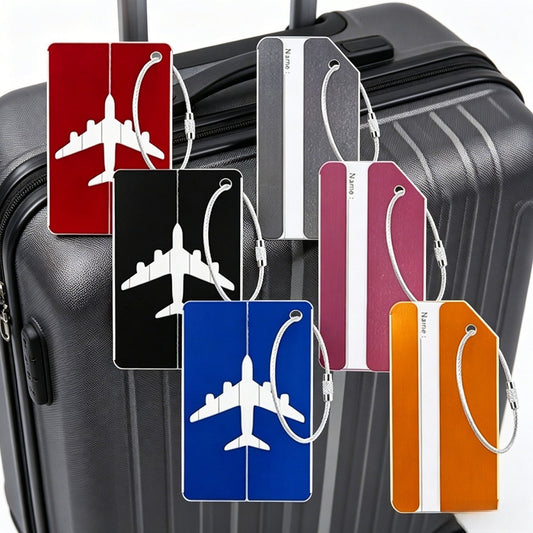 Set Of 6 Metal Luggage Tags, 3 Airplane Designs & 3 Striped Designs In Gold, Silver, Blue, Black, Red, And Pink, For Suitcases & Travel Bags—Party Accessory Set