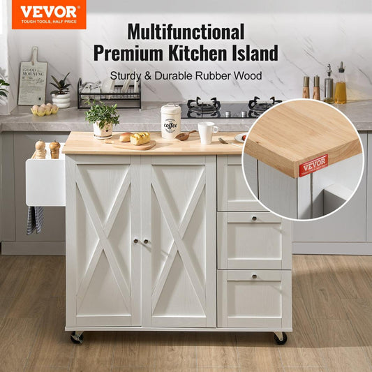Kitchen Island Cart With Solid Wood Top,Mobile Carts With Storage Cabinet, Rolling Kitchen Table With Spice Rack, Towel Rack, Drop Leaf And Drawer, Portable Islands On Wheels, White
