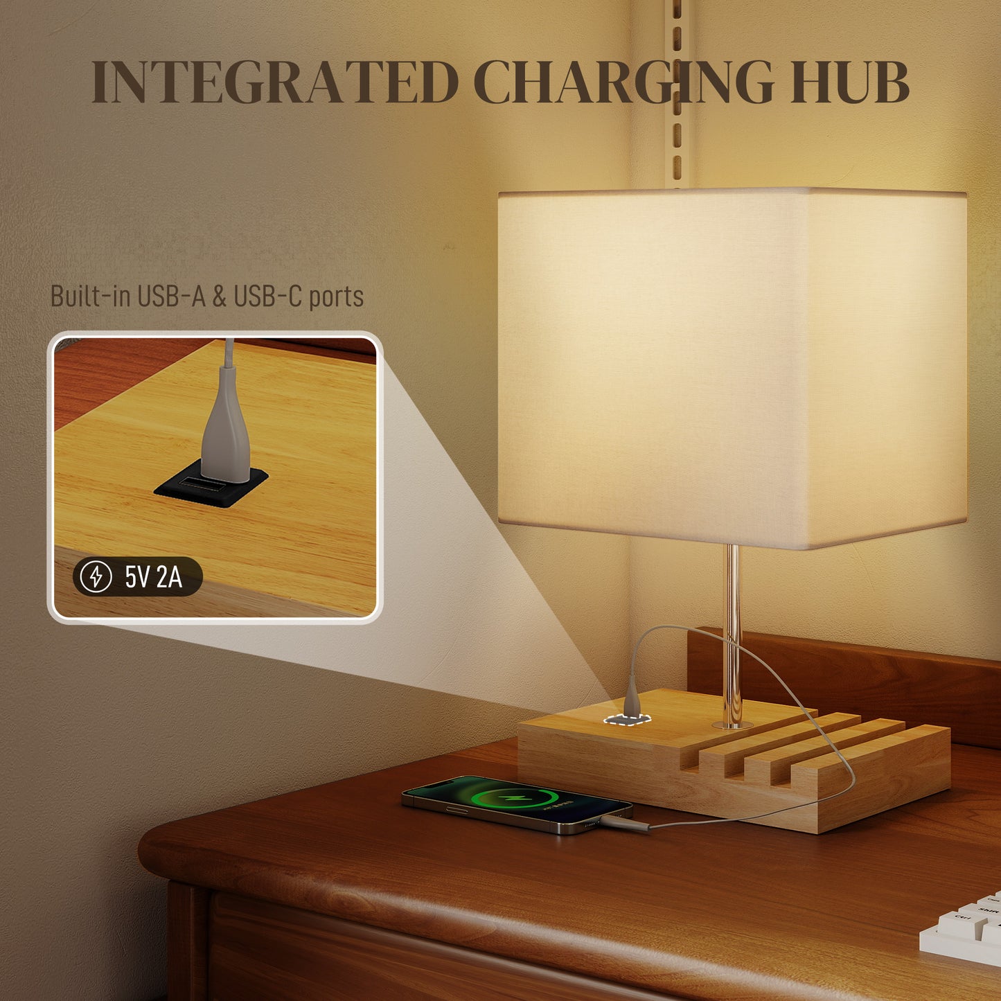 Bedside Lamp With USB A+C Charging Ports And 3 Phone Stands, Modern Table Lamp With Solid Wood Base And Fabric Shade For Bedroom Living Room Office, E27 Socket, Bulb Not Included, White