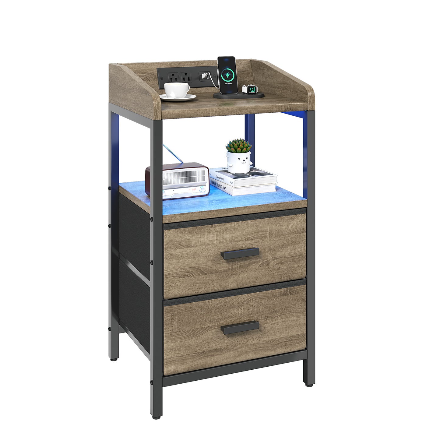 Nightstand With Charging Station Modern Bedside End Side Table With Guardrail Storage Shelf 2 Fabric Drawers USB Ports AC Outlets