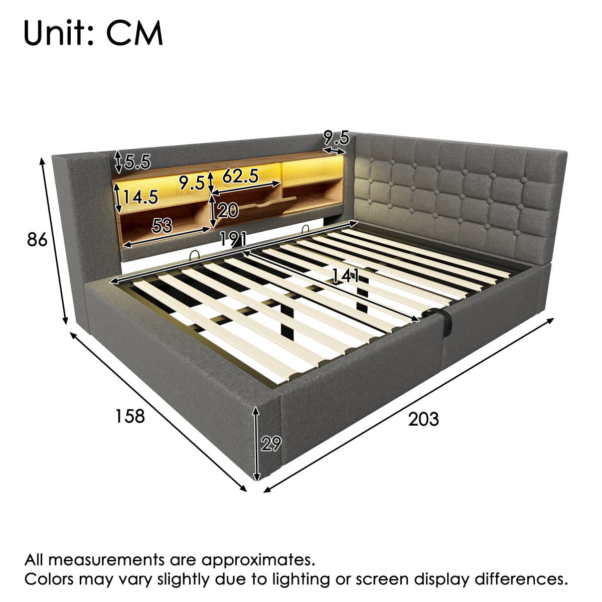 Upholstered Bed 140x190 Cm Double Bed With LED Lighting, Hydraulic Storage, L-shaped Headboard With Storage, Can Be Mounted On Both Sides, Slatted Base, Linen Fabric, Grey  Without Mattress