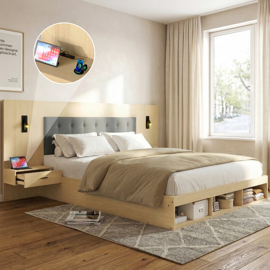 Double Bed 180X200cm, Storage Bed, Wooden Bed, Youth Bed, With USB& Type-C Charging Station And Reading Lamp, With 2 Bedside Tables, Light Oak Color