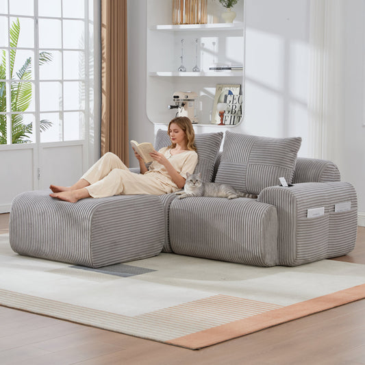 Modular 2-Seater Corduroy Sofa With Ottomans, Freely Configurable Sofa Set With Cup Holders And Side Storage Pockets, Ideal For Living Rooms, Family Rooms, And Other Spaces, Light Gray