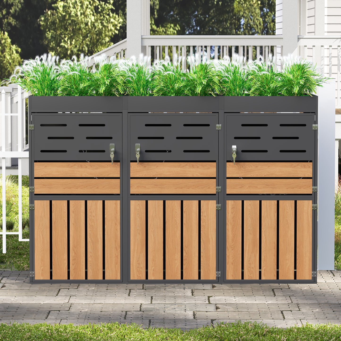 Multifunctional Outdoor Cabinet With Integrated Plant Box, Slat Ventilation, Three Separate Compartments, Galvanized Steel Frame And Safety Chain  For Storage & Garden Decoration  Without Waste Bin